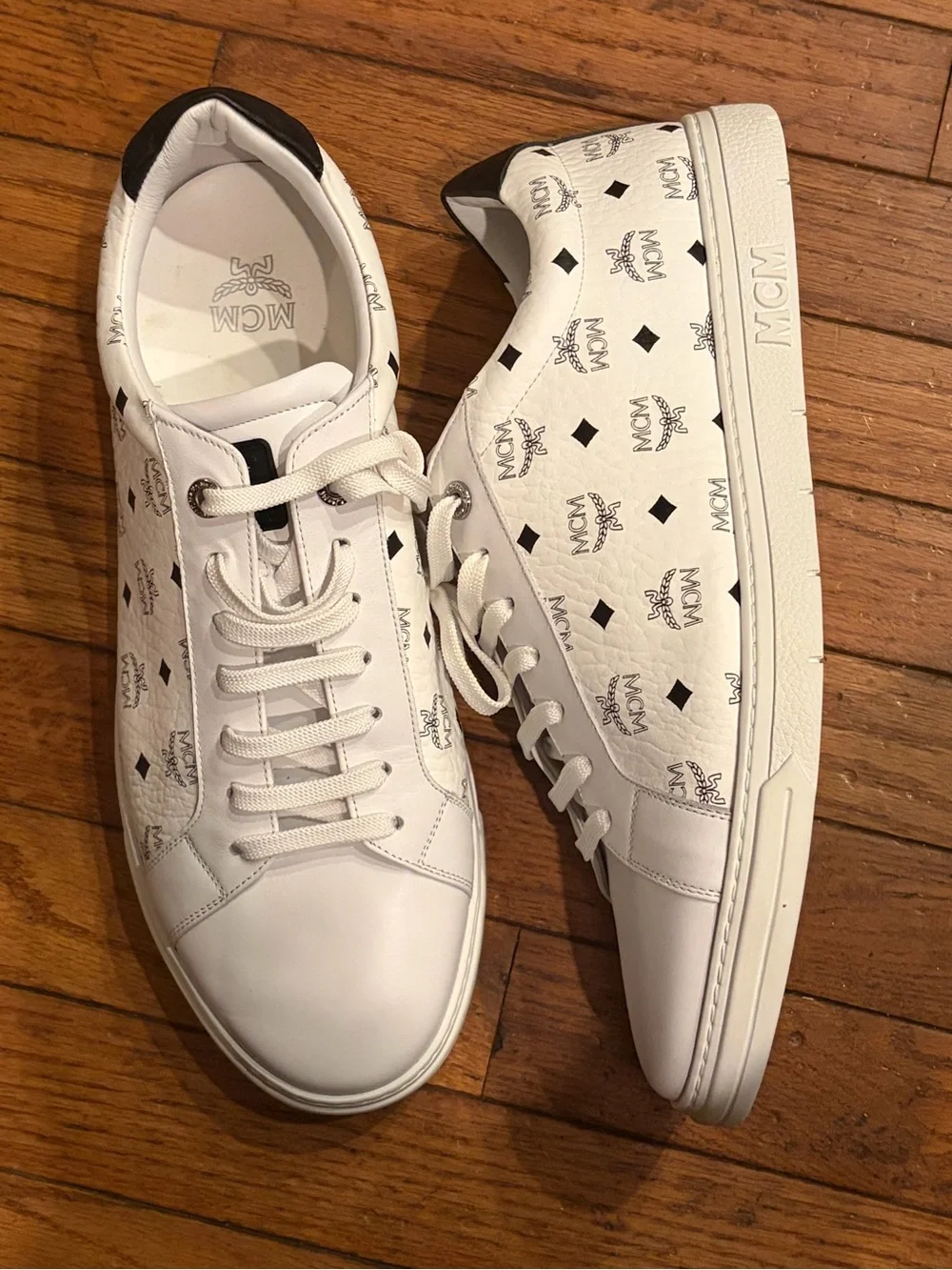 MCM White Low-Top Logo Panel Sneakers with Black Heel Tab